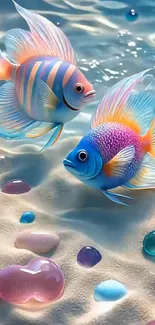 Colorful fish swimming among pebbles underwater.