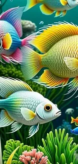 Vibrant underwater scene with colorful fish.