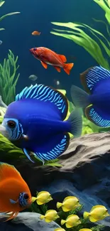 Colorful fish swimming in a vibrant aquarium setting with green plants.