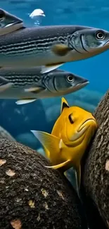 Colorful fish swimming underwater between rocks.