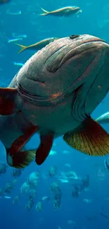 Underwater view with a large fish and marine life in vibrant blue tones.