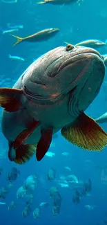 Large fish swimming underwater against a blue ocean backdrop.