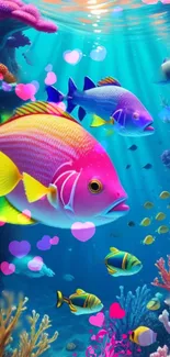 Vibrant underwater scene with colorful fish and coral.