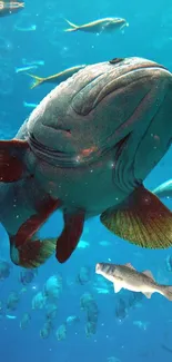 Vibrant underwater scene with diverse fish swimming in clear blue water.