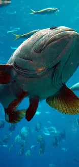 A large fish swimming in a vibrant blue ocean, surrounded by marine life.