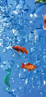 Vibrant underwater scene with colorful fish and bubbles on a blue background.