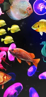 Colorful fish and jellyfish in a vibrant marine wallpaper.