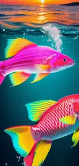 Bright and colorful underwater fish at sunset.