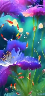 Colorful underwater floral scene with koi fish.