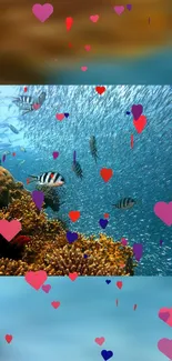 Colorful underwater scene with fish and hearts overlay.