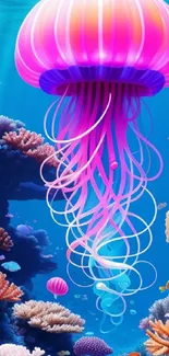 Vibrant digital art of a jellyfish swimming in a colorful coral reef underwater.