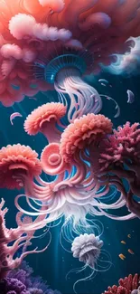 Artistic wallpaper of jellyfish and coral in vibrant underwater hues.