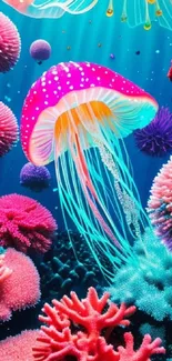 Vibrant jellyfish and coral artwork in a colorful underwater scene.