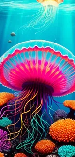 Vivid jellyfish artwork with colorful corals under the ocean.