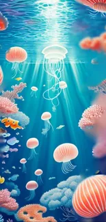 Underwater scene with jellyfish and colorful corals in vivid turquoise hues.