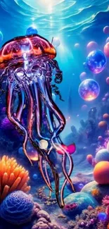 Vibrant jellyfish in colorful underwater scene with coral.