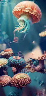 Vibrant teal jellyfish above colorful corals in an underwater scene.