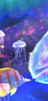 Vibrant underwater scene with jellyfish and fish in a blue ocean.