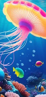 Colorful jellyfish and fish in a vibrant coral reef underwater scene.