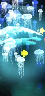 Vibrant underwater scene with glowing jellyfish and a shark.