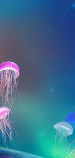 Colorful jellyfish drifting in a vibrant blue underwater scene.