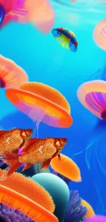 Vibrant jellyfish and fish in a blue underwater scene.