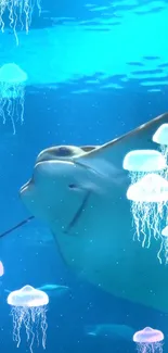 Manta ray surrounded by glowing jellyfish in a serene underwater scene.