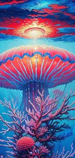 Vibrant blue and red jellyfish with colorful coral in an underwater scene.