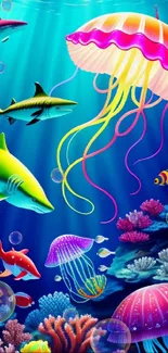 Vibrant underwater scene with jellyfish, sharks, and colorful coral reefs.