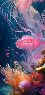 Colorful underwater scene with jellyfish and coral.