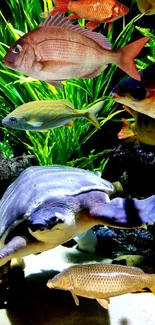 Colorful fish and turtle in vibrant underwater scene.