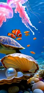 Underwater scene with jellyfish, turtle, and clownfish in a vibrant ocean setting.