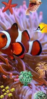 Colorful clownfish amidst vibrant coral and marine life.