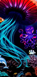 Underwater wallpaper with vibrant jellyfish and colorful fish.