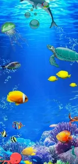 Vibrant ocean scene with colorful fish and sea creatures.