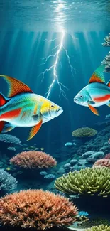 Vibrant underwater scene with colorful fish and lightning.