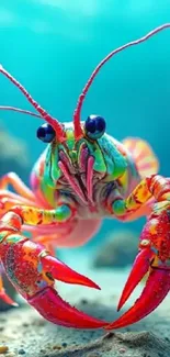Colorful lobster in vibrant underwater scene.