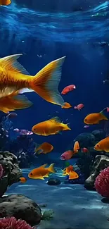 Bright orange fish swimming in blue ocean with coral.