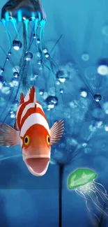 Clownfish and jellyfish in a vibrant blue underwater scene.