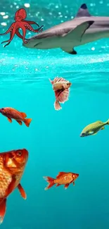 Vibrant underwater scene with fish, shark, and octopus.