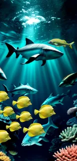 Underwater scene with sharks, yellow fish, and coral reefs.