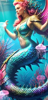 Colorful mermaid with vibrant scales swimming amidst coral.