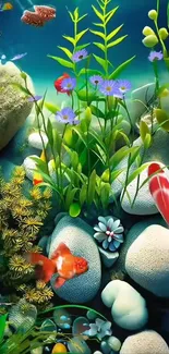 Vibrant underwater scene with fish and plants.