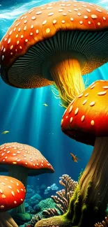 Vibrant orange mushrooms in an underwater fantasy scene.