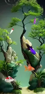 Aquarium with colorful fish and plants in a serene setting.