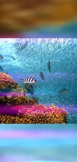 Vibrant underwater scene with corals and tropical fish in hues of blue and pink.