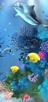 Colorful underwater scene with dolphin and tropical fish.