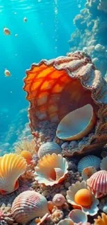Vibrant underwater scene with seashells and corals.