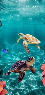 Colorful underwater scene with turtles and fish.