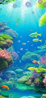 Vibrant underwater ocean scene with colorful fish and coral reefs.